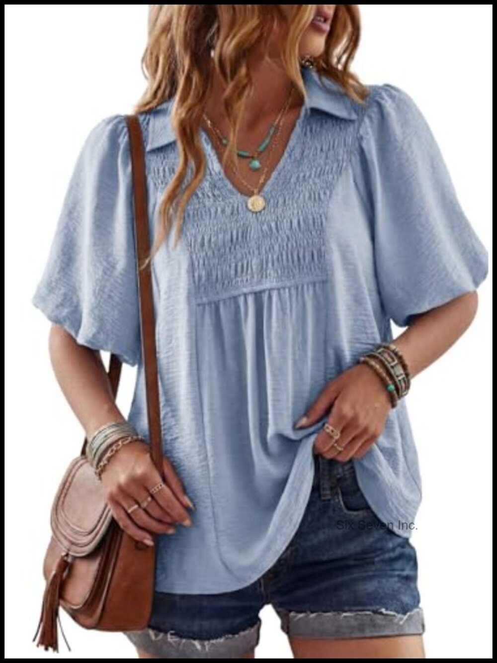 Womens Babydoll Tunic Top Smocked V Neck Puff Sleeve Blouse
